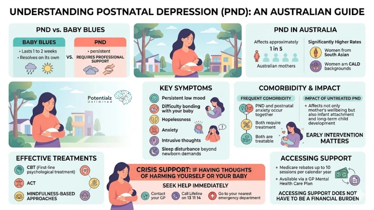 The distinction between PND and baby blues, key symptoms, and the importance of accessing professional support. It emphasizes the higher risk among certain demographics and the impact of untreated PND on both mother and child, advocating for early intervention and available treatments such as CBT and mindfulness-based approaches. Crisis support options are also provided for immediate assistance.